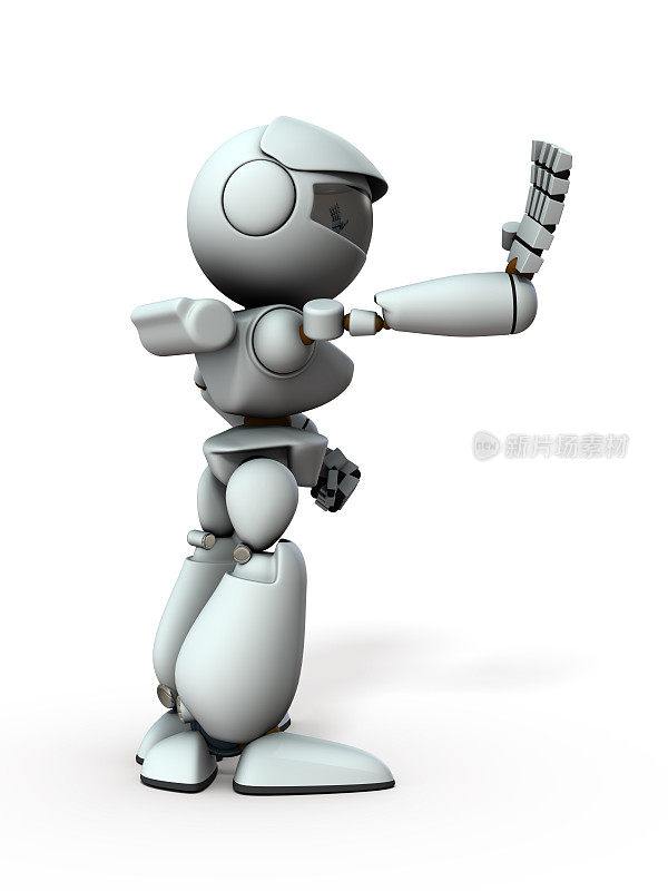 人工智能机器人向前伸出一只手。它代表被拒绝。白色背景。3 d演示。